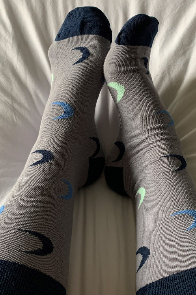Grey and blue Miakoda unisex Moon socks. 