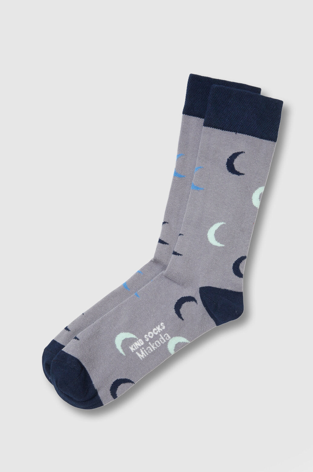 Grey and blue Miakoda unisex Moon socks. 