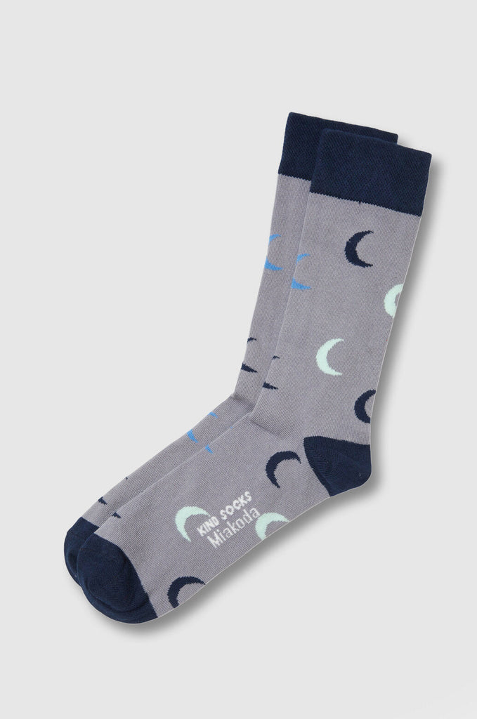 Grey and blue Miakoda unisex Moon socks. 